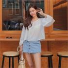 Round-neck Wide-sleeve Crinkled Blouse