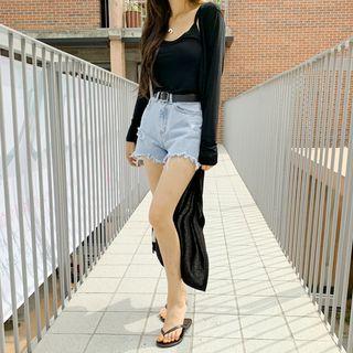 Set: Textured Long Robe Cardigan + U-neck Camisole Top