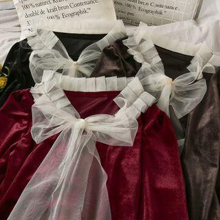 Mesh Ribbon-neckline Loose Velvet Top