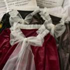 Mesh Ribbon-neckline Loose Velvet Top