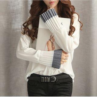 Long-sleeve V-neck Paneled Blouse