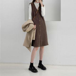 Set: Long-sleeve Mock-neck T-shirt + A-line Pinafore Dress
