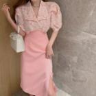 Puff-sleeve Printed Chiffon Blouse / High-waist Side-slit Plain Skirt