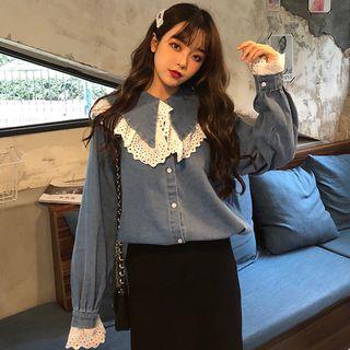 Long-sleeve Lace Collar Denim Blouse Light Blue - One Size