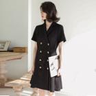 Double-breasted Short-sleeve Collared Dress Black - One Size