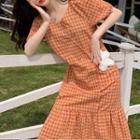 Short-sleeve Plaid Midi Dress Orange - One Size