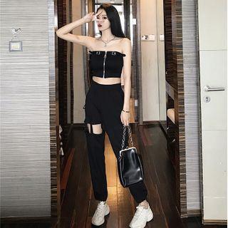Zip-up Tube Top / Cutout Straight-fit Pants