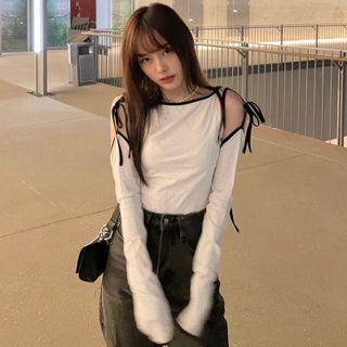 Long-sleeve Cold-shoulder Bow Detail T-shirt White - One Size