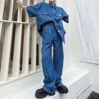 Set: Elbow-sleeve Denim Shirt + Wide Leg Pants