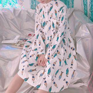 Cartoon Print Stand Collar Long Sleeve Dress