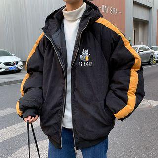 Striped Cat Printed Lettering Zipped Jacket
