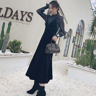 Set: Glitter Long-sleeve Top + Strappy Midi A-line Dress