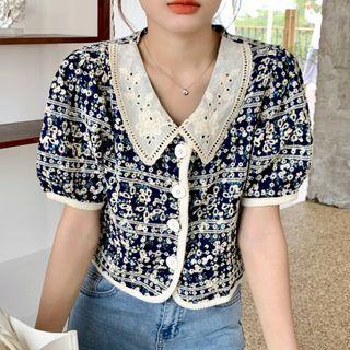 Puff-sleeve Floral Print Blouse Floral - Dark Blue - One Size