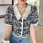 Puff-sleeve Floral Print Blouse Floral - Dark Blue - One Size