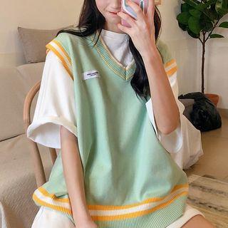 Knit Vest / Elbow-sleeve Plain T-shirt