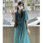 Short-sleeve V-neck Floral Midi A-line Dress Blue Floral - Green - One Size