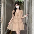 Puff-sleeve Ruffle Trim Shirred A-line Dress