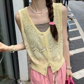 Plain Button-up Sweater Vest Yellow - One Size