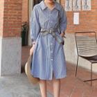 Tie-cuff Striped 3/4-sleeve Shirt Dress