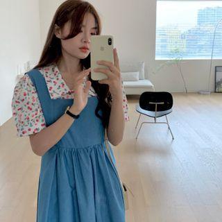 Puff-sleeve Floral Blouse / Plain Denim Jumper Dress