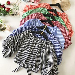 Plaid Off-shoulder Balloon-sleeve Blouse