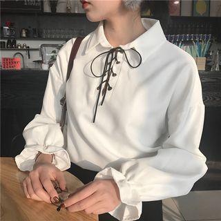 Lace Up Long-sleeve Blouse 9016 - White - One Size