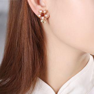 Faux Pearl Floral Stud Earring 1 Pair - As Shown In Figure - One Size