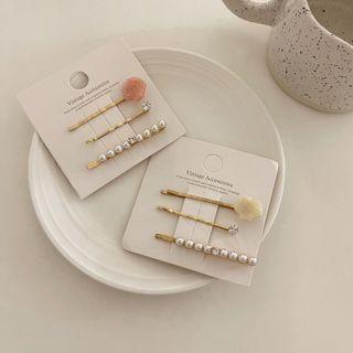 Set Of 3 : Shell / Rhinestone / Faux Pearl Hair Pin