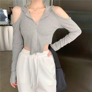 Cold-shoulder Cropped Zip-up Hoodie