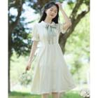 Short-sleeve Bow Collared A-line Dress