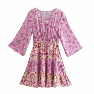 V-neck Drawstring-waist Floral A-line Dress