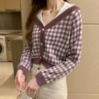 Mock Two-piece Long-sleeve Checked Buttoned Knit Top
