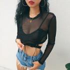 Mock Two-piece See-through Mesh Long-sleeve Crop Top