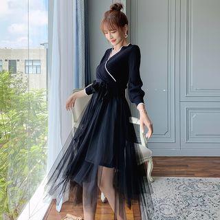Set: Wrap Knit Top + Mesh A-line Midi Dress