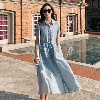 Set: Short-sleeve Midi Shirt Dress + Strappy Dress