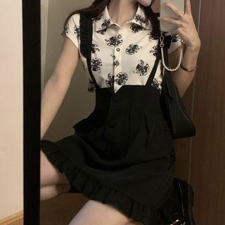 Short-sleeve Print Shirt / Mini A-line Suspender Skirt