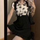 Short-sleeve Print Shirt / Mini A-line Suspender Skirt