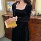 Velvet Square-neck Long-sleeve Dress Black - One Size