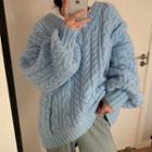 Cable Knit V-neck Sweater Light Blue - One Size