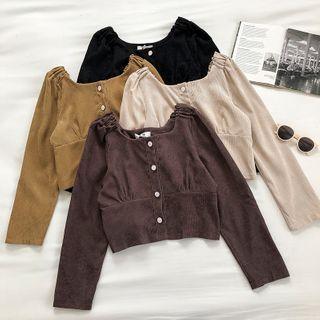 Plain Square-neck Corduroy Long-sleeve Blouse