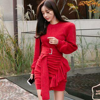 Ruffle Long-sleeve Mini Knit Dress