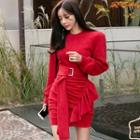 Ruffle Long-sleeve Mini Knit Dress