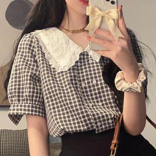 Short-sleeve Plaid Blouse Brown & White - One Size