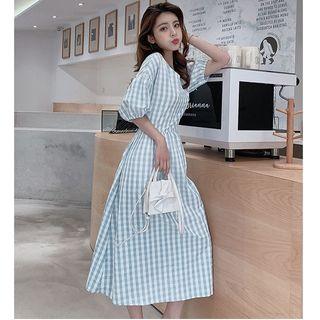 Short-sleeve Open-back Midi Plaid A-line Dress