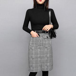 Set Of 3: Turtle-neck Knit Top + Glen-plaid Skirt + Belt