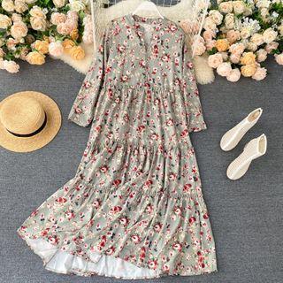 Flower Print Long-sleeve Midi Shift Dress Green - One Size