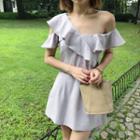 Check V-neck Ruffle Off-shoulder A-line Dress