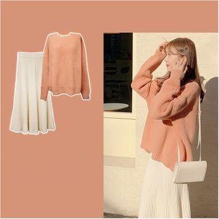 Ribbed Knit Sweater / Midi A-line Skirt / Set