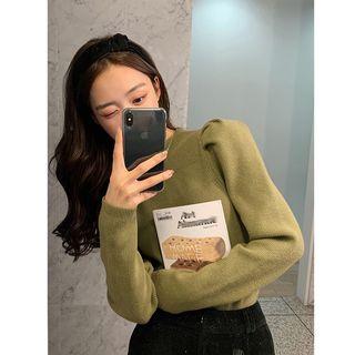 Plain Puff-sleeve Knit Top