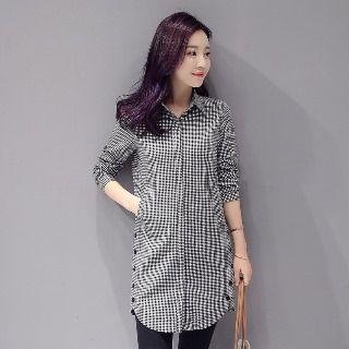 Long-sleeve Buttoned Long Blouse